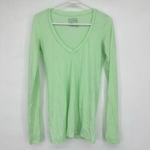 Two Nineteen Women's Supima Cotton Green V-Neck Long Sleeve Slim Fit Top S Y2K